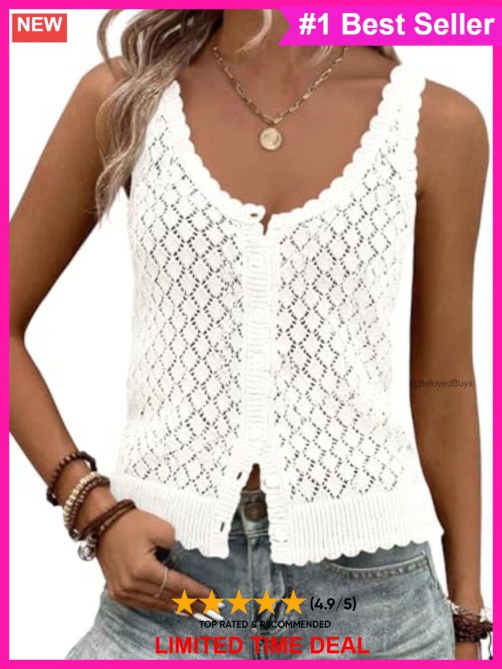 Crochet Knit Button Down Sweater Tank Top Sleeveless Boho Vest